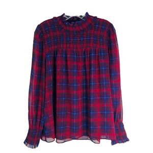 Ann Taylor red blue plaid preppy cottagecore ruffle holiday top medium